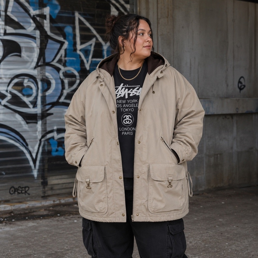 Vintage Faded Glory Jacket Womens 2X Beige Hooded Parka Utility Outdoor Coat Y2K